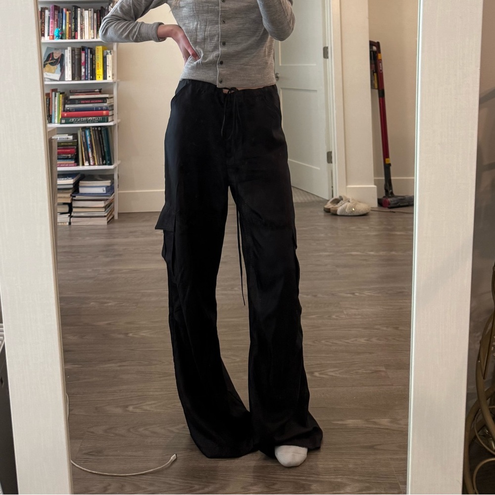 Dana Foley NYC Black Satin Wide-Leg Cargo Pants (Size S)